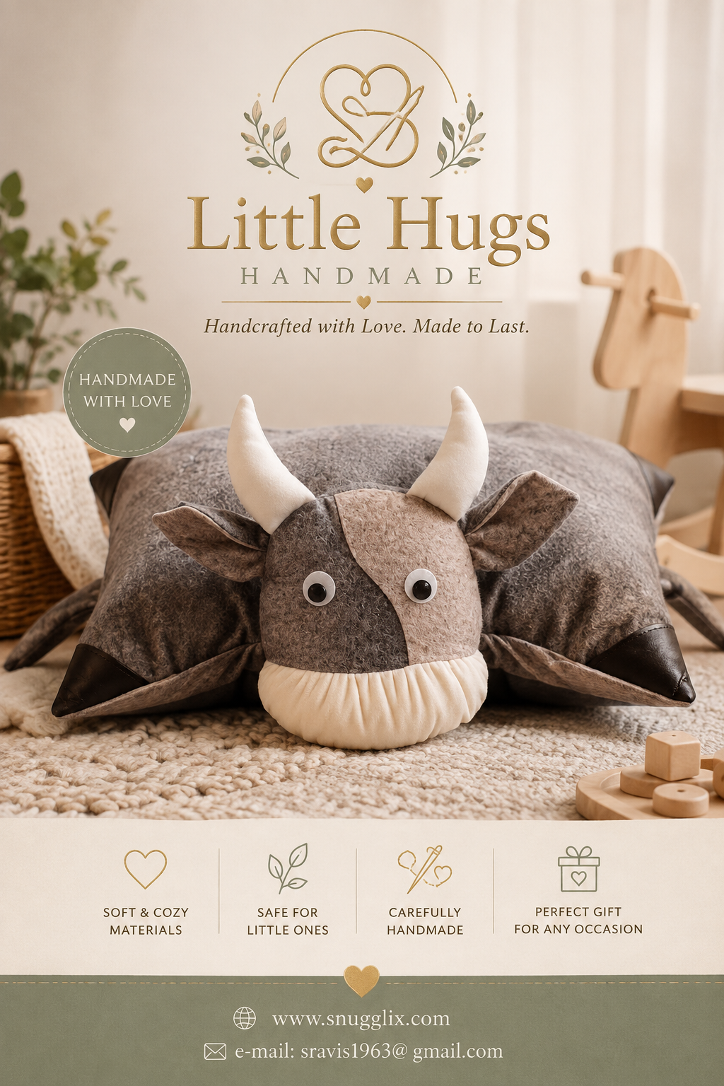 Little Hugs Handmade roku darba spilvens-rotaļlieta buļļa formā